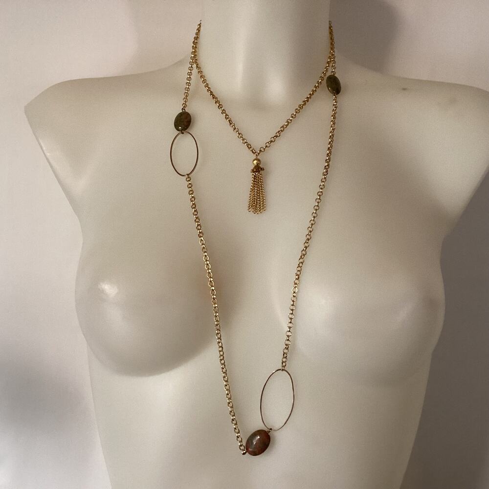 2105NIP Love Ashley 32" Goldtone Vintage Long Retro Chain Necklace w/Oval Stones